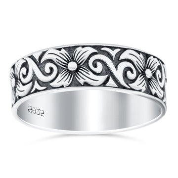 Filigree Vine Oxidized Band Solid 925 Sterling Silver Thumb Ring (6mm)